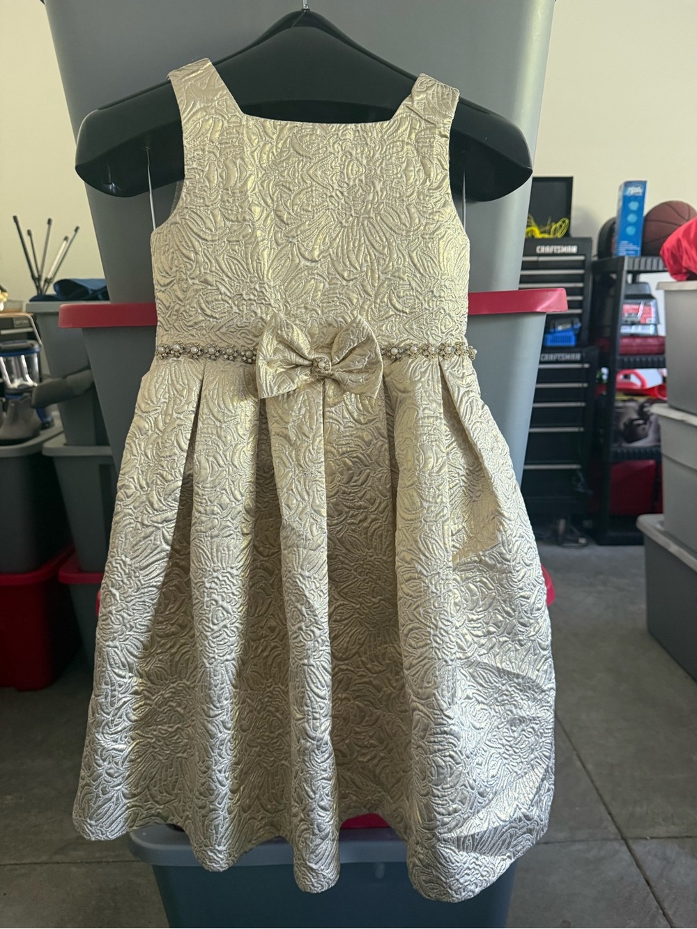 American Princess Gold Jacquard Bow Formal Dress